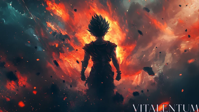 Fiery warrior ascends amid exploding cosmic storm of power.