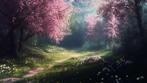 Atmospheric cherry blossom forest with volumetric light penetration and layered foliage rendering.