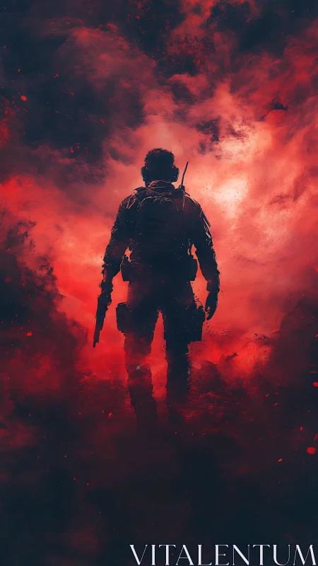 Lone soldier strides through burning crimson battlefield haze