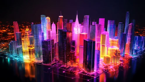 Neon wireframe cityscape shows glowing skyscraper grid