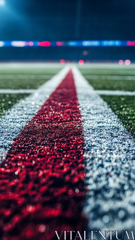 Red center stripe cuts across synthetic turf under stadium lights