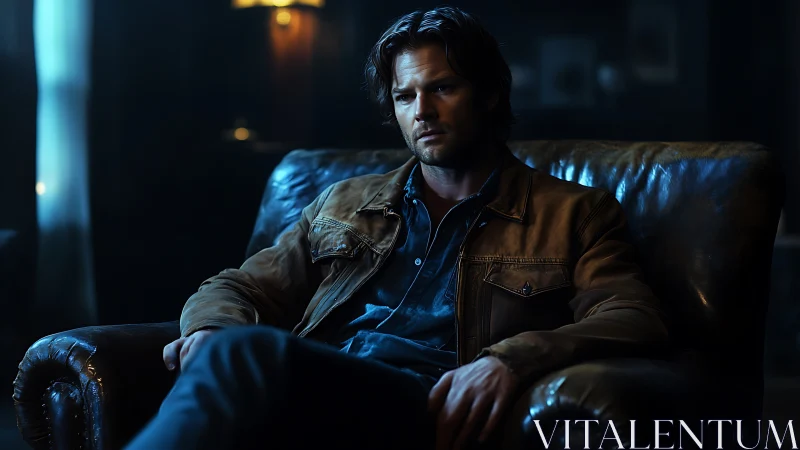 Moody male portrait in leather jacket on worn armchair.