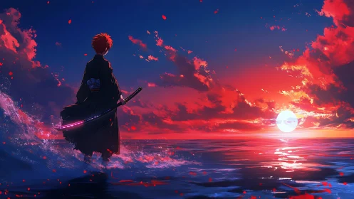 Samurai stands in glowing ocean at vivid red sunset.