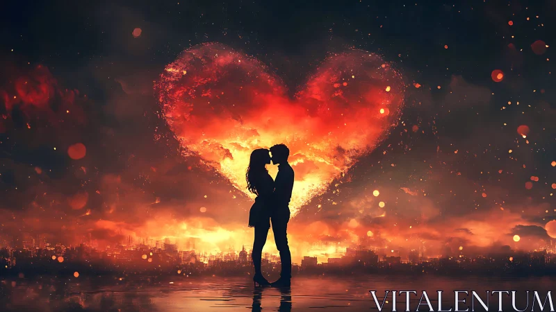 Silhouetted Couple Kissing Against Fiery Heart Explosion