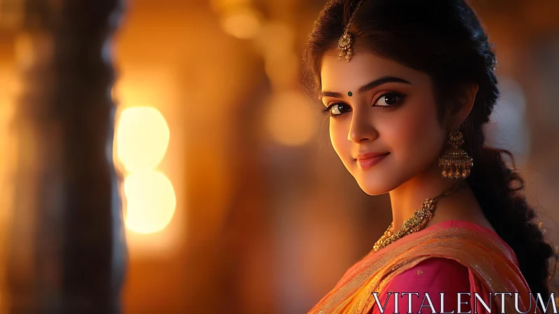 Smiling woman in traditional attire glows under warm bokeh lights