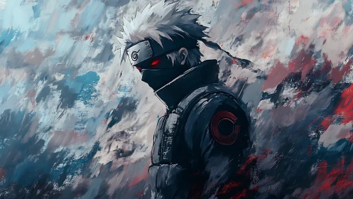 Storm-eyed masked warrior drifting through painted chaos.