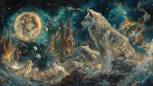 Celestial wolf pack guarding luminous cosmic moonlit realm.