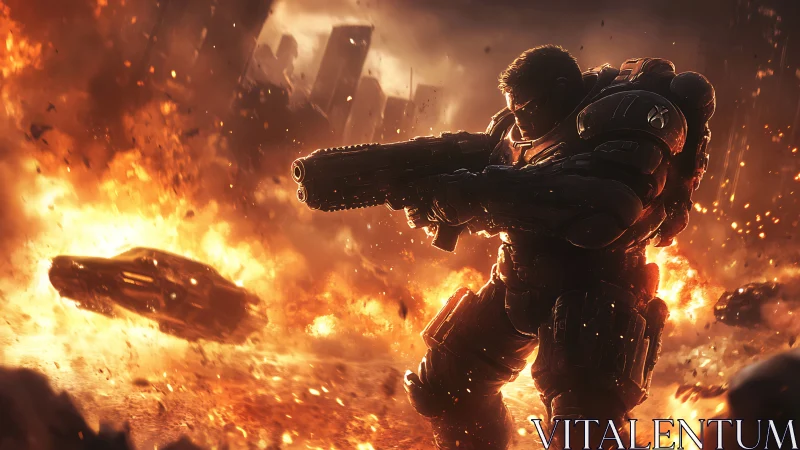 Armored titan strides through a burning futuristic warzone.