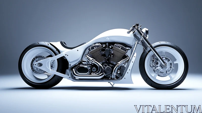 Streamlined white custom motorcycle displays exposed V‑twin powertrain