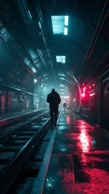 Solitary figure walking in neon lit underground tunnel.