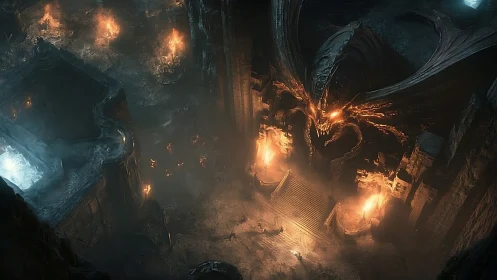 Gigantic demonic gate looms over firelit dungeon entrance.