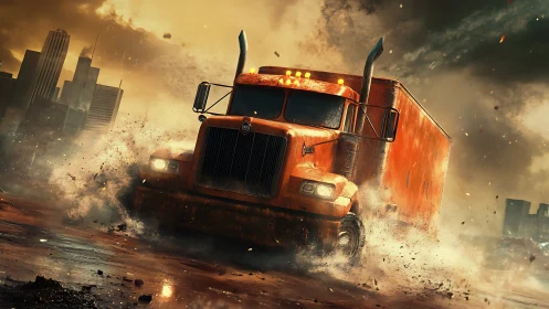 Storm-chasing freight truck slams forward through molten streets