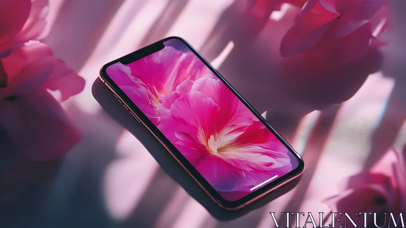 Smartphone rests in dreamy pink floral lightscape.