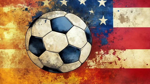 Grunge soccer ball overlay on worn American flag backdrop.