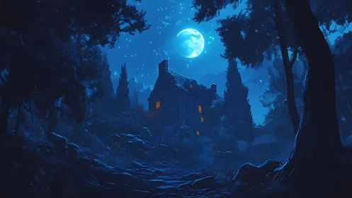 Moonlit forest cottage glows with warm, mysterious light.