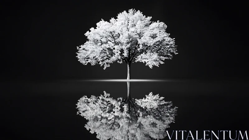 Solitary light-toned tree with mirrored reflection on water.