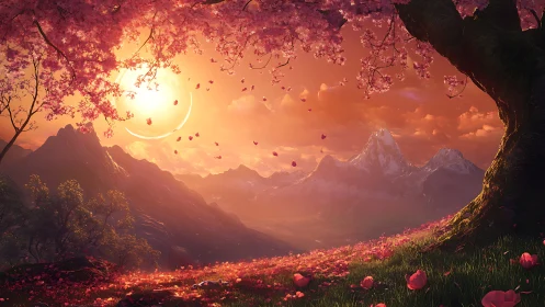 Fantasy sunset valley under blossom canopy, panoramic digital painting.