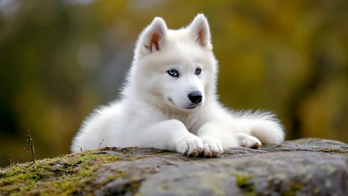 White husky puppy resting alertly on mossy rock outdoors.