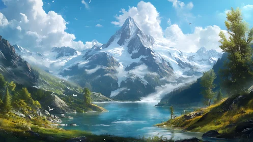 Snow‑covered mountain above lake with mixed forest slopes.