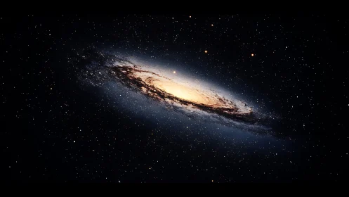 Edge-on spiral galaxy rendered with luminous stellar core glow