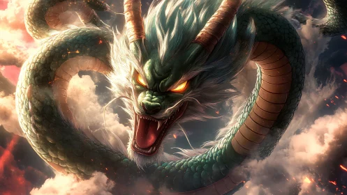 Coiled emerald dragon roaring amid burning storm clouds.