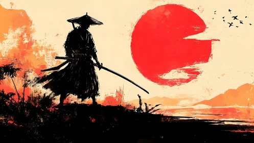 Solitary ronin carves silence beneath a wounded red sun