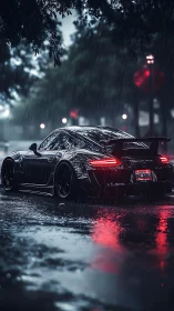Midnight sports car poised in neon-soaked city rainstorm.