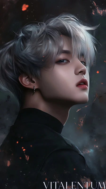 Digital painting portrait with cinematic backlit grayscale styling.