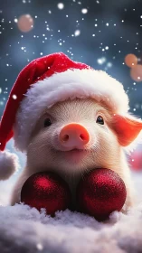 Cute piglet wears Santa hat between red baubles in snow