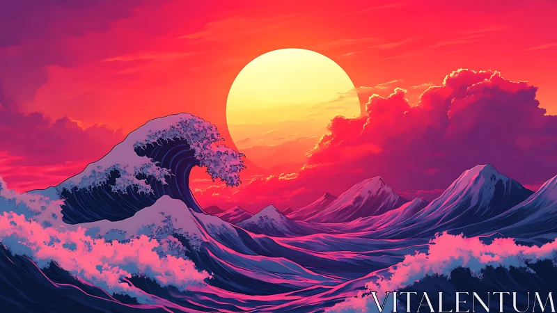 Sunset over stylized ocean waves with distant mountains.