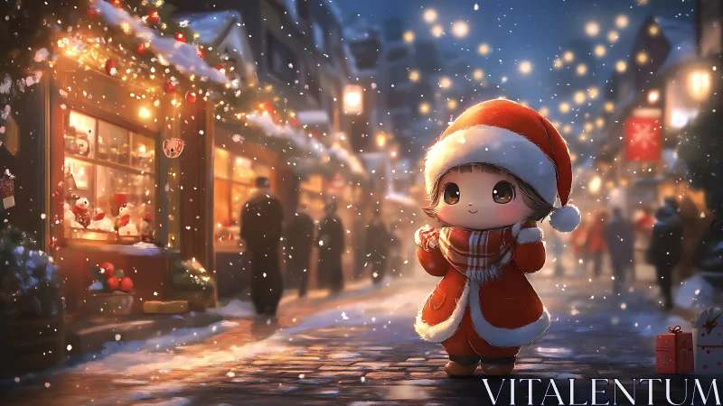Tiny Santa kid glowing with joy on a snowy festive street.