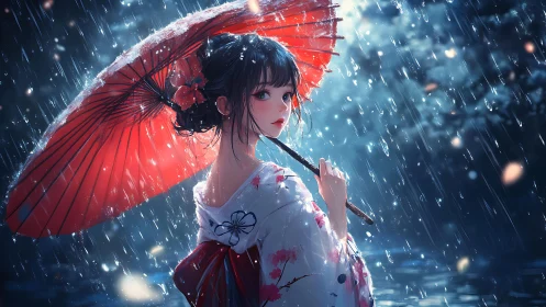 Girl in kimono under red umbrella in night rain scene.