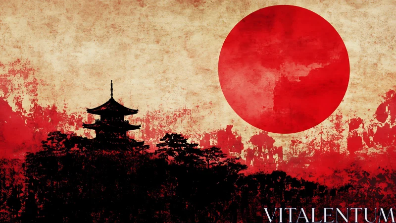 Digital painting of Japanese pagoda silhouette and red sun.