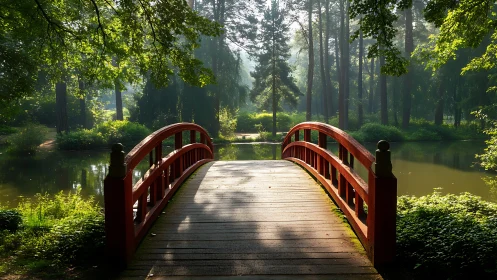 Sunlit red bridge inviting a quiet wander through the park.