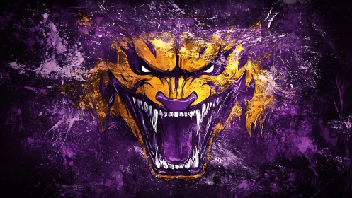 Stylized feral creature head with open jaws in purple field.