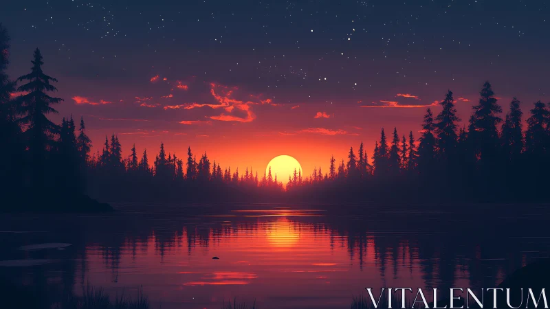 Radiant lacustrine sunset with silhouetted conifer array panorama.