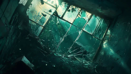 Shattered window in decayed teal room with debris light.
