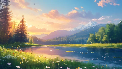 Sunlit alpine lake reflects distant snowcapped mountain range