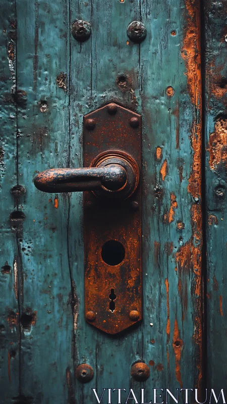 Rusty door handle rests on weathered teal wooden panels.