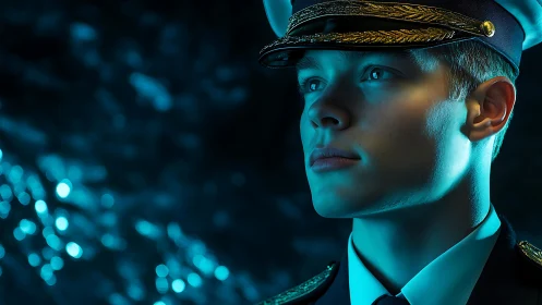Photorealistic naval officer portrait in teal cinematic light.