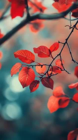 Scarlet leaves drift above dreamy teal forest hush.