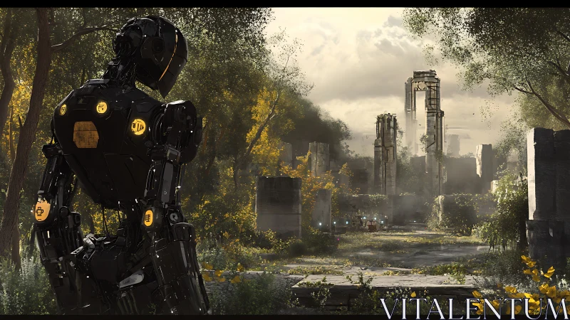 Solitary robot observing sunlit overgrown city ruins.