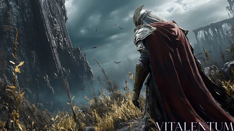 Stormbound knight before the leaning cathedral of ruins.