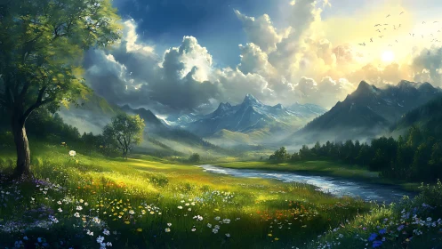 Sunlit mountain valley unfolds beside a tranquil river.