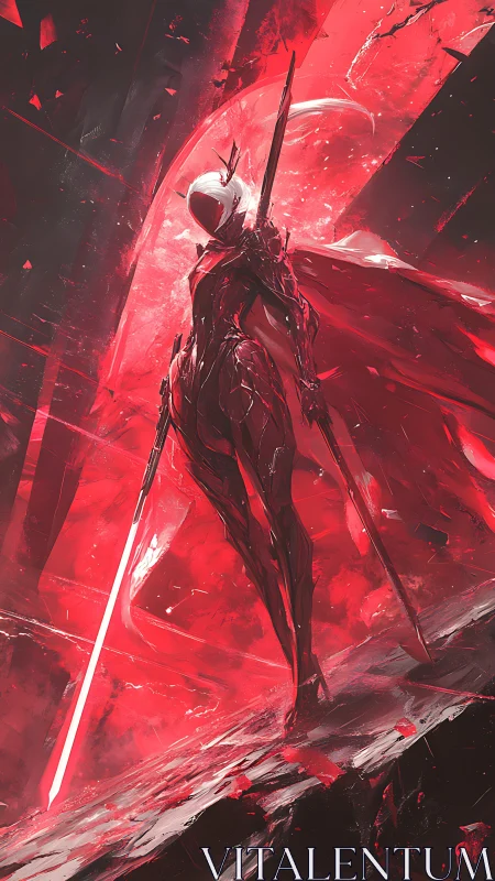 Radiant red armored warrior rises with twin blazing blades