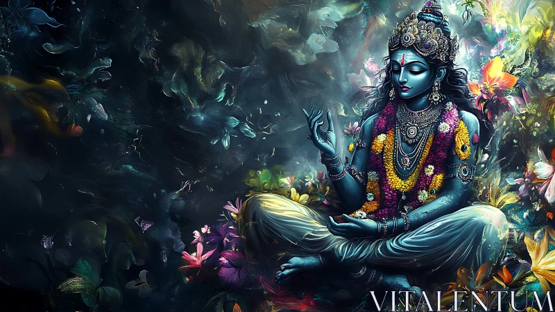 Divine blue deity meditates amid luminous cosmic garden.