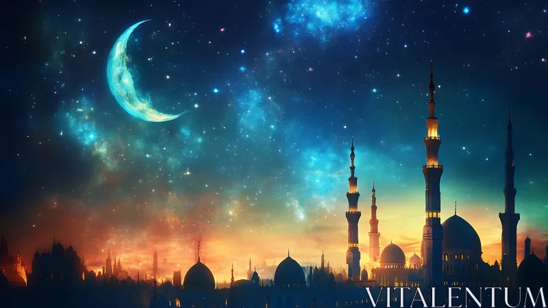 Crescent moon above luminous mosque skyline at twilight.