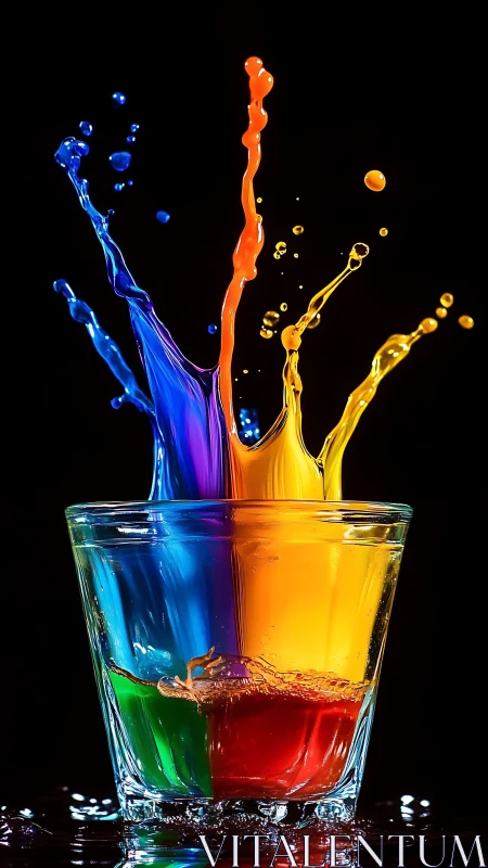 Colorful liquid splashes captured in clear glass cup.
