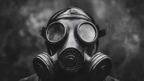 Silent guardian in a gas mask, watching the smoky hush.