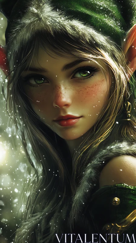 Close-up portrait of green-eyed elf in winter setting.
